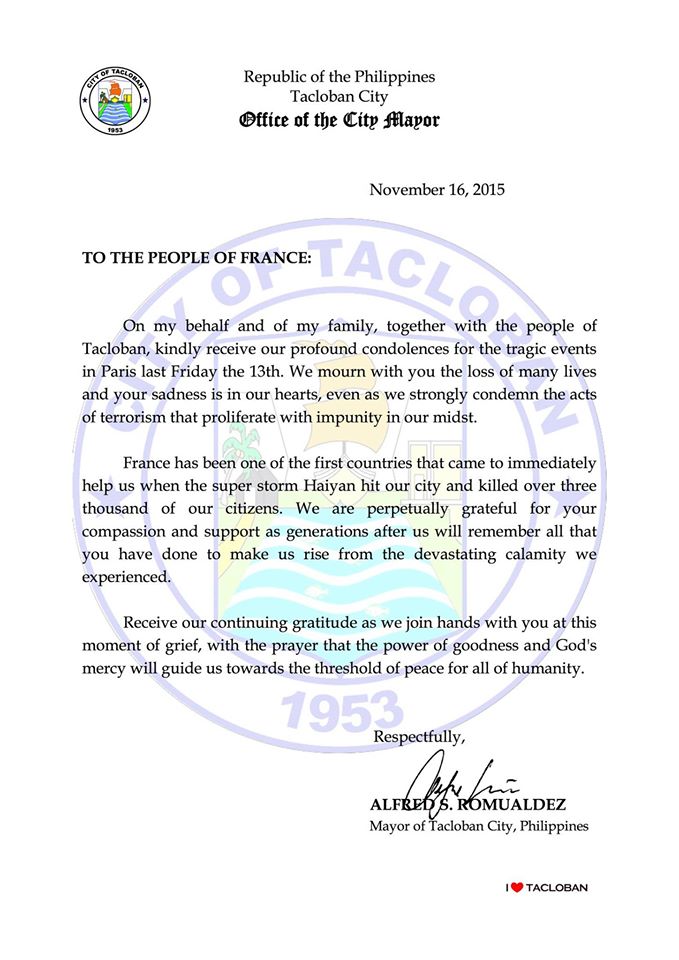 READ Tacloban City Government Sends Condolences to the People of France