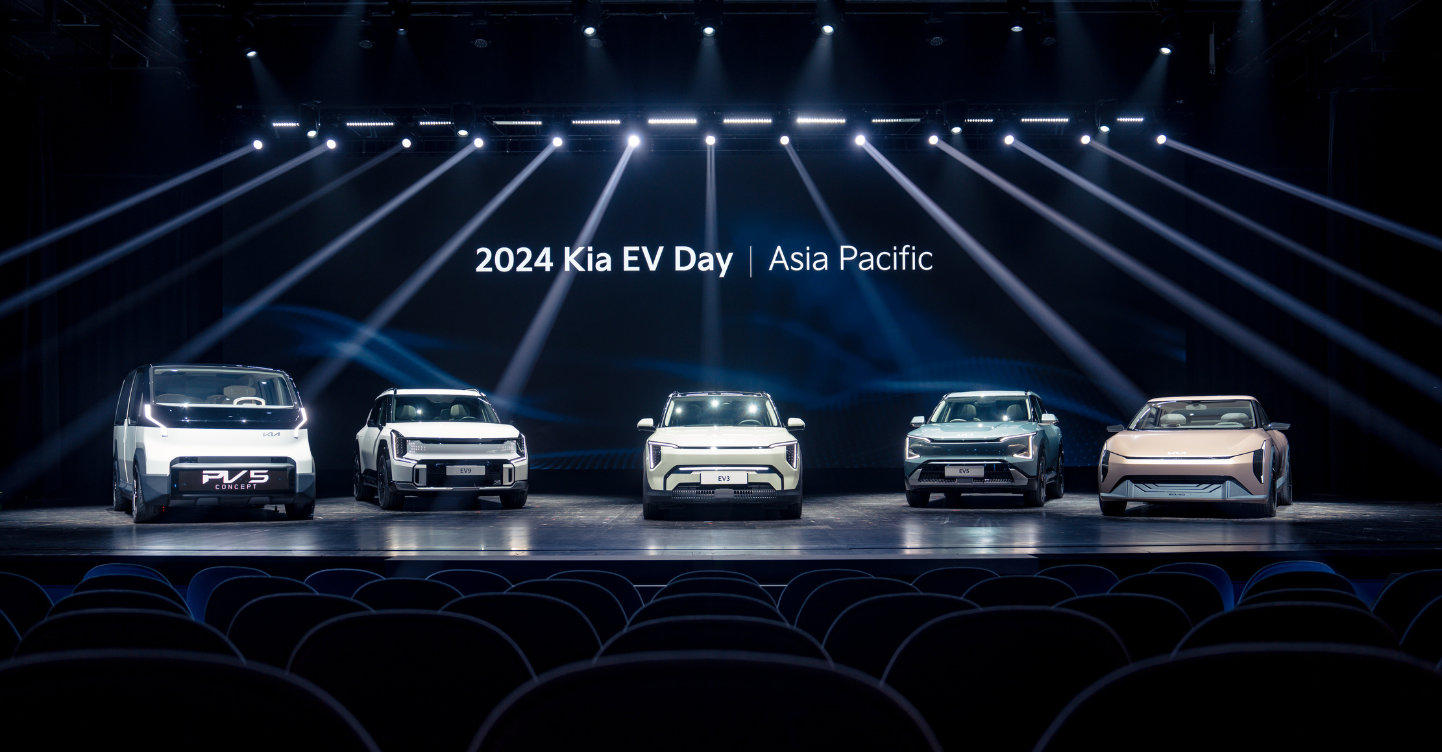 The full line up of EV vehicles on display during the 2024 Kia EV Day _ Asia Pacific _ [L-R] PV5 Concept, EV9, EV3, EV5 and the EV4 Concept 