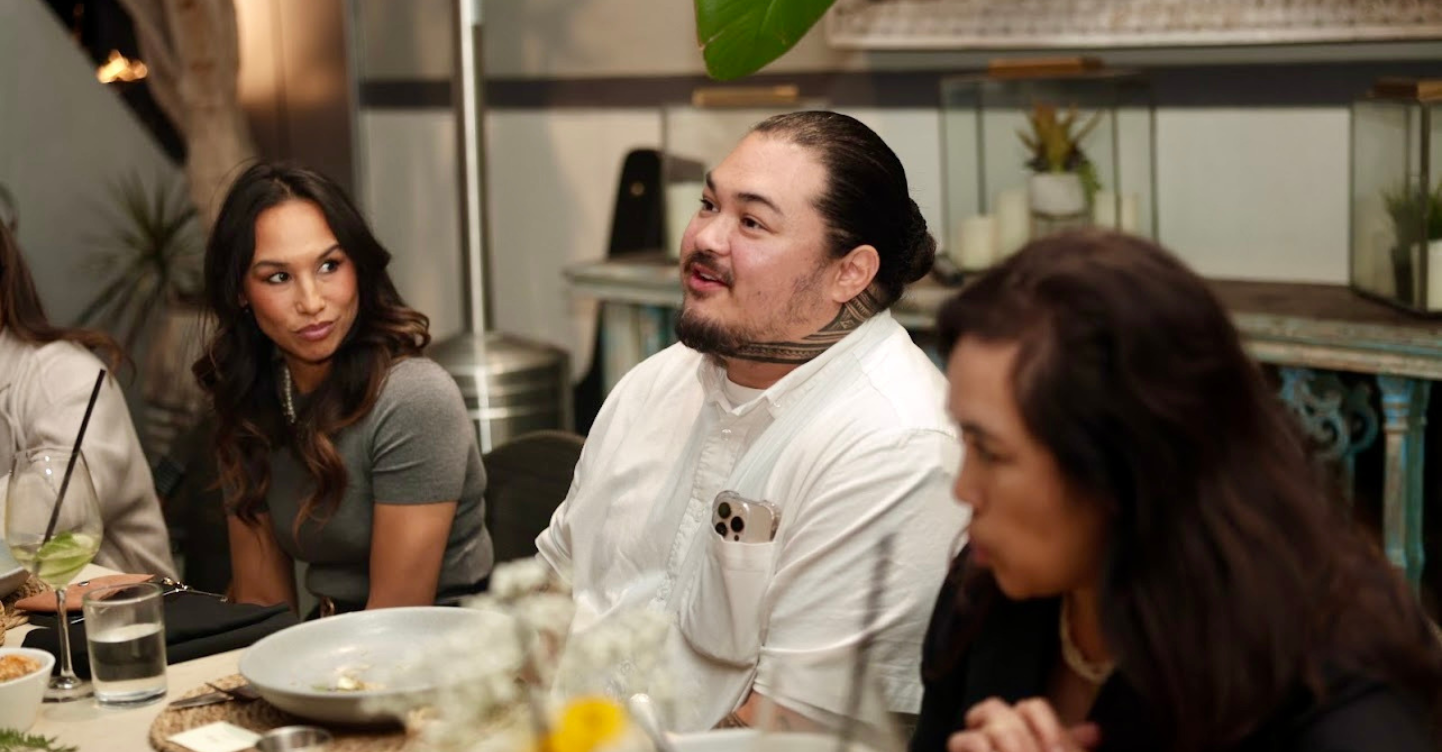 Dinner and conversation on shared Fil-Am heritage at Landco Pacific’s gathering. Angel Jones listens to Chef Henry Pineda of Lolas by MFK.